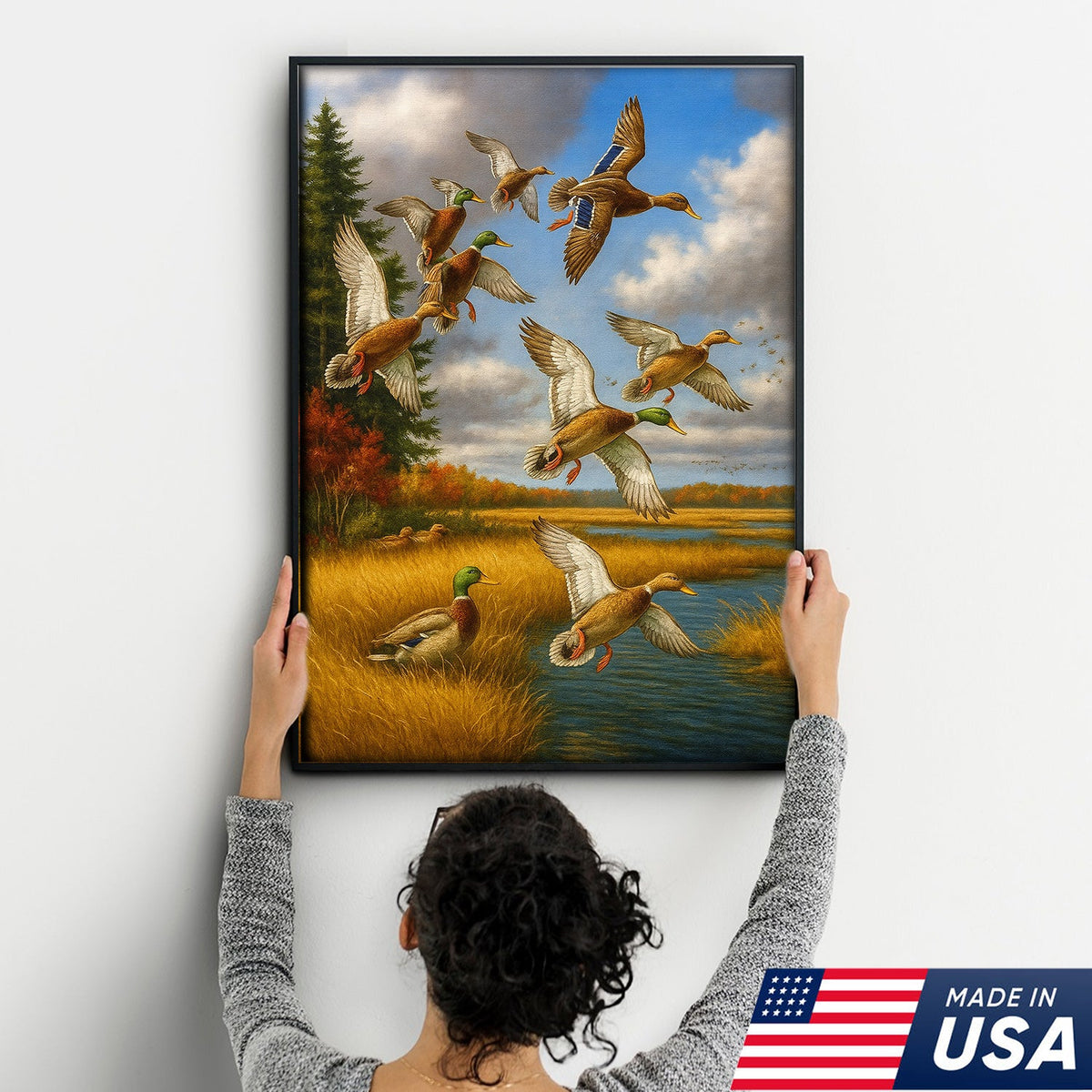 Mallard Ducks Flying Wall Art Canvas – Vintage Waterfowl Hunting Scene Canvas for Outdoorsmen