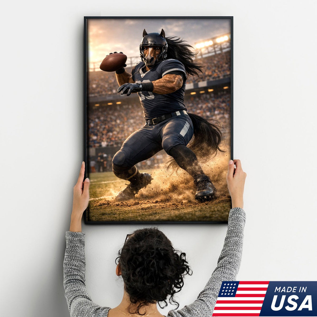 Dark Stallion Football Canvas Wall Art – Powerful Horse Athlete Stadium Action Print