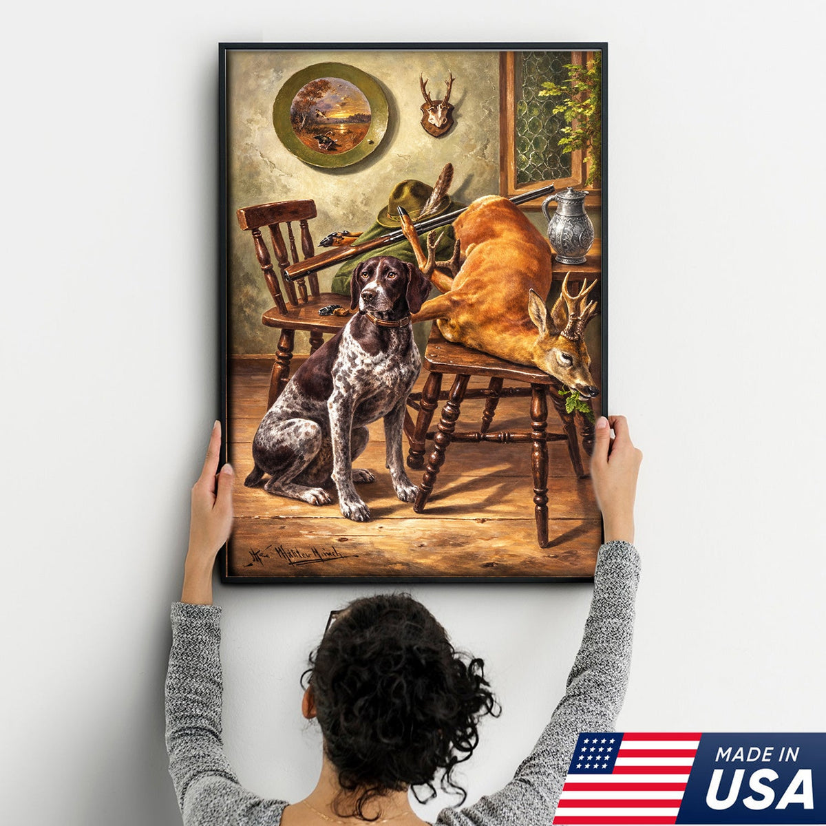 Vintage Hunting Dog and Deer Canvas Wall Art – Classic Sporting Cabin Scene Print with Rifle