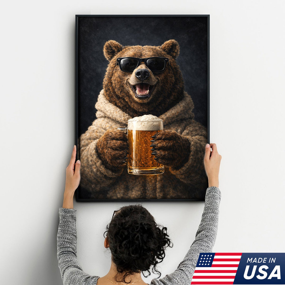 Funny Beer Bear Canvas Print Gift for Him Dad Husband Man Cave Decor