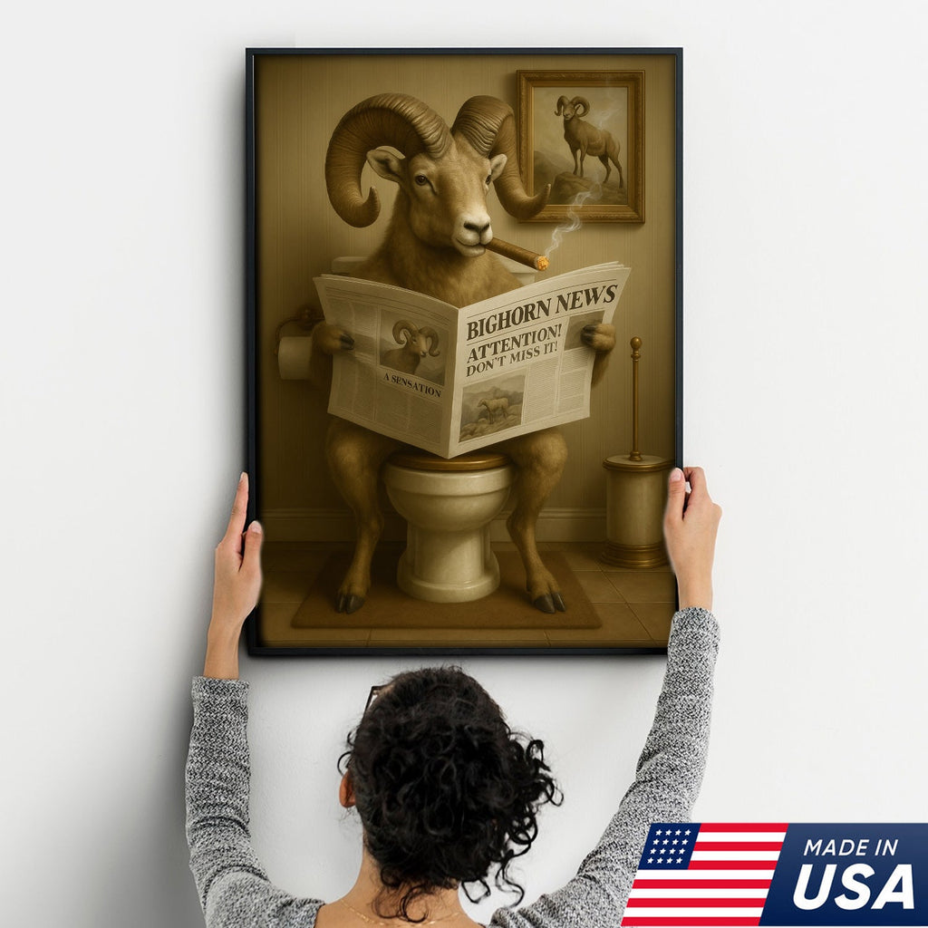 Bighorn Sheep Reading Newspaper Canvas – Funny Bathroom Wall Art for Rustic Cabin