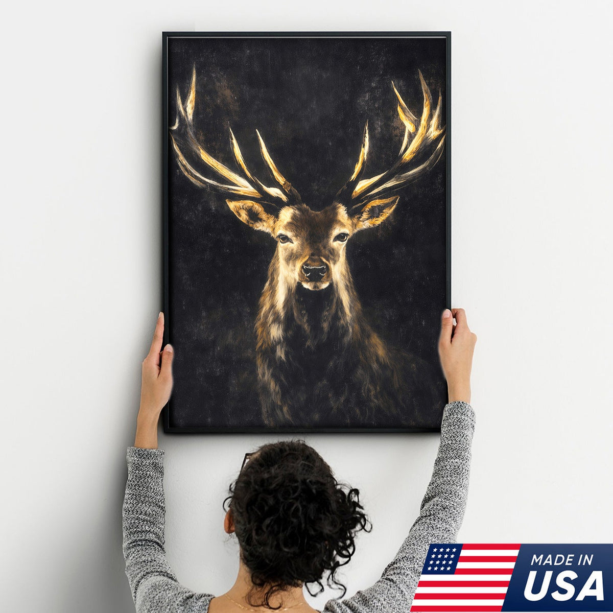 Majestic Deer Canvas Wall Art – Golden Antlers Stag Wildlife Canvas Rustic Cabin Decor
