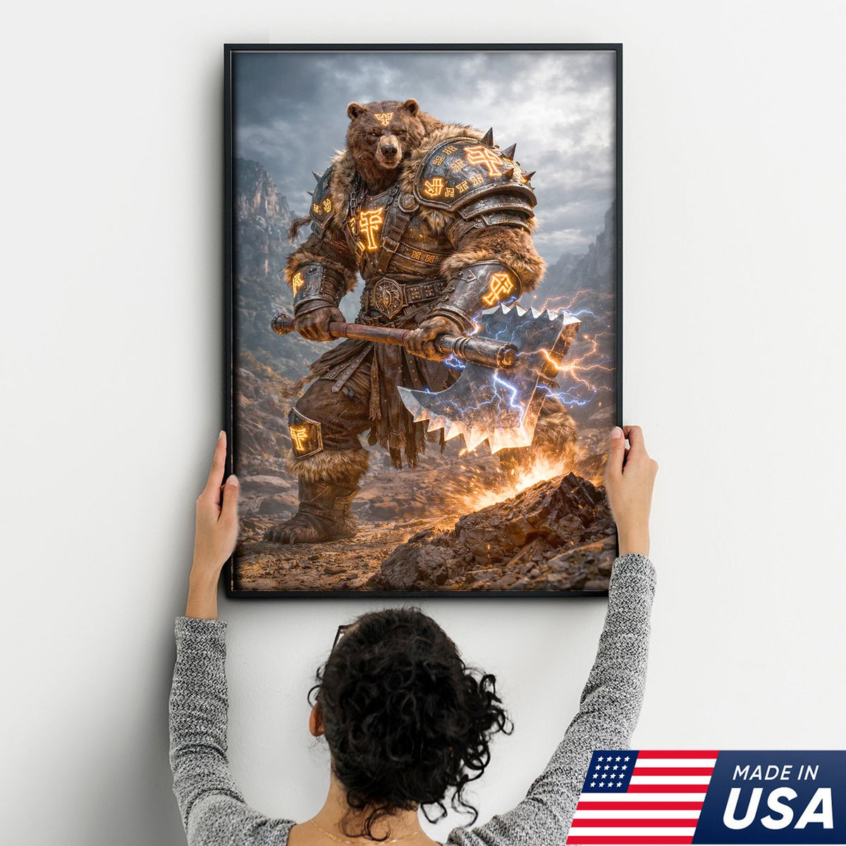 Thunder Rune Bear Canvas Wall Art – Epic Fantasy Warrior with Lightning Axe