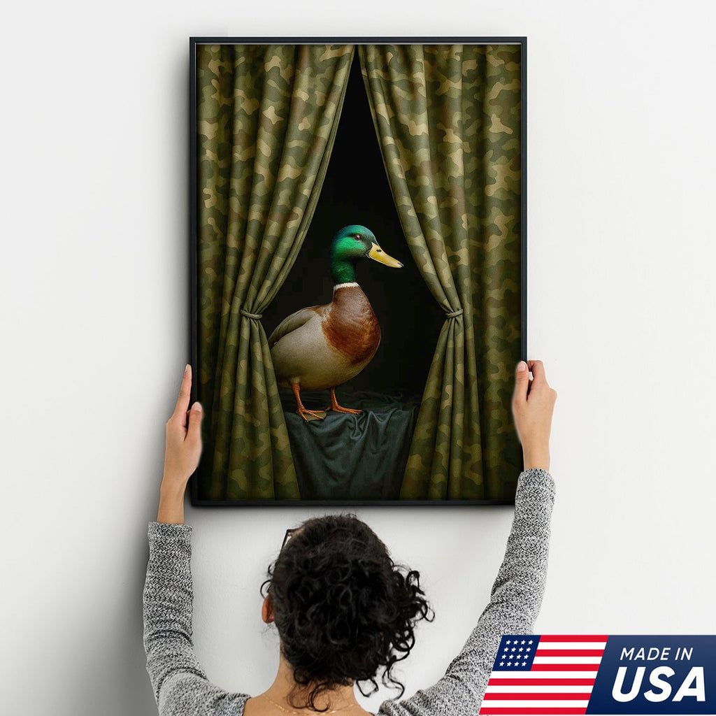Duck Behind Camo Curtain Canvas Wall Art, Funny Hunting Lodge Decor, Rustic Wildlife Artwork