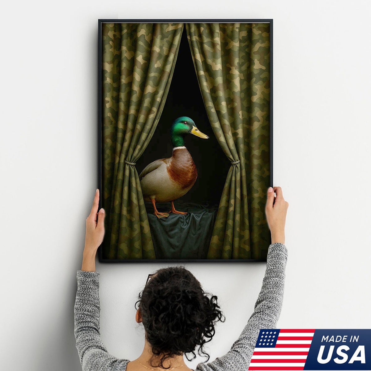 Duck Behind Camo Curtain Canvas Wall Art, Funny Hunting Lodge Decor, Rustic Wildlife Artwork