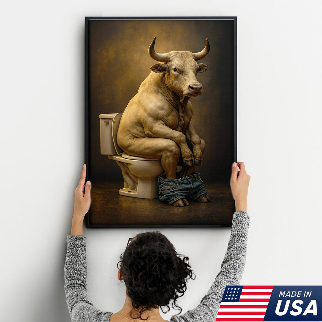 Funny Bull on Toilet Wall Art Canvas – Hilarious Farmhouse Bathroom Decor for Men & Guests