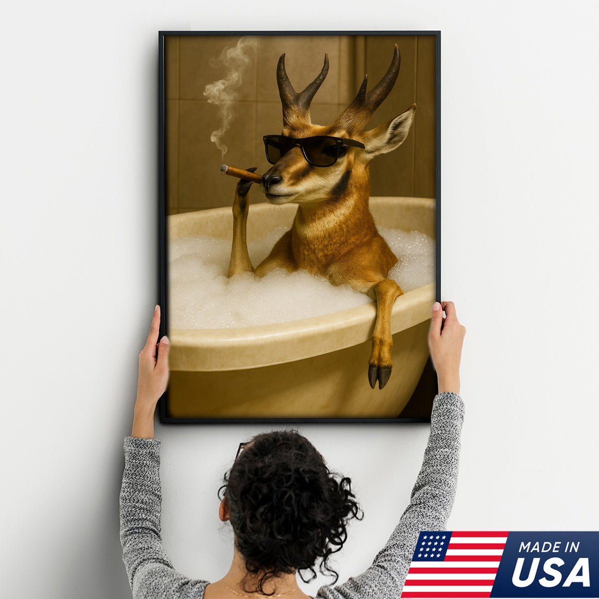 Funny Pronghorn Antelope Smoking Canvas Wall Art – Cool Bathtub & Cigar Gift for Hunters