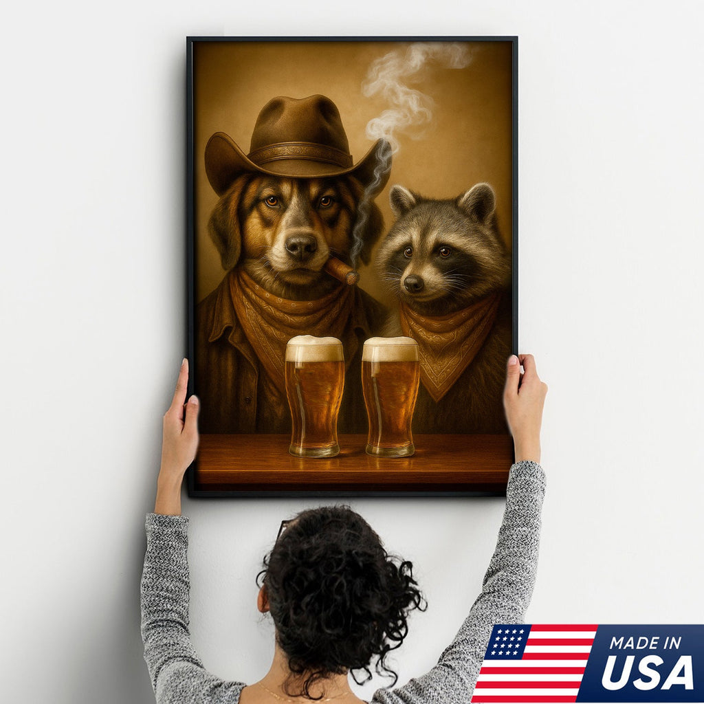 Funny Dog & Raccoon Cowboy Canvas Wall Art – Funny Western Beer Decor for Hunters