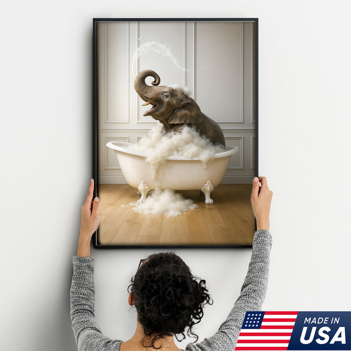 Elephant Bubble Bath Bathroom Wall Art Canvas, Funny Animal in Bathtub Bathroom Decor