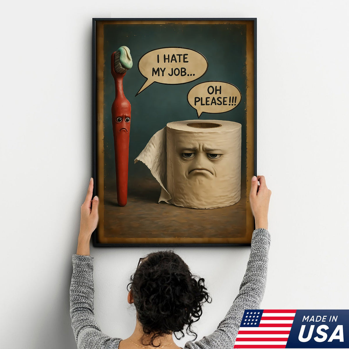 Funny Bathroom Humor Canvas Wall Art, Talking Toothbrush and Toilet Paper Print