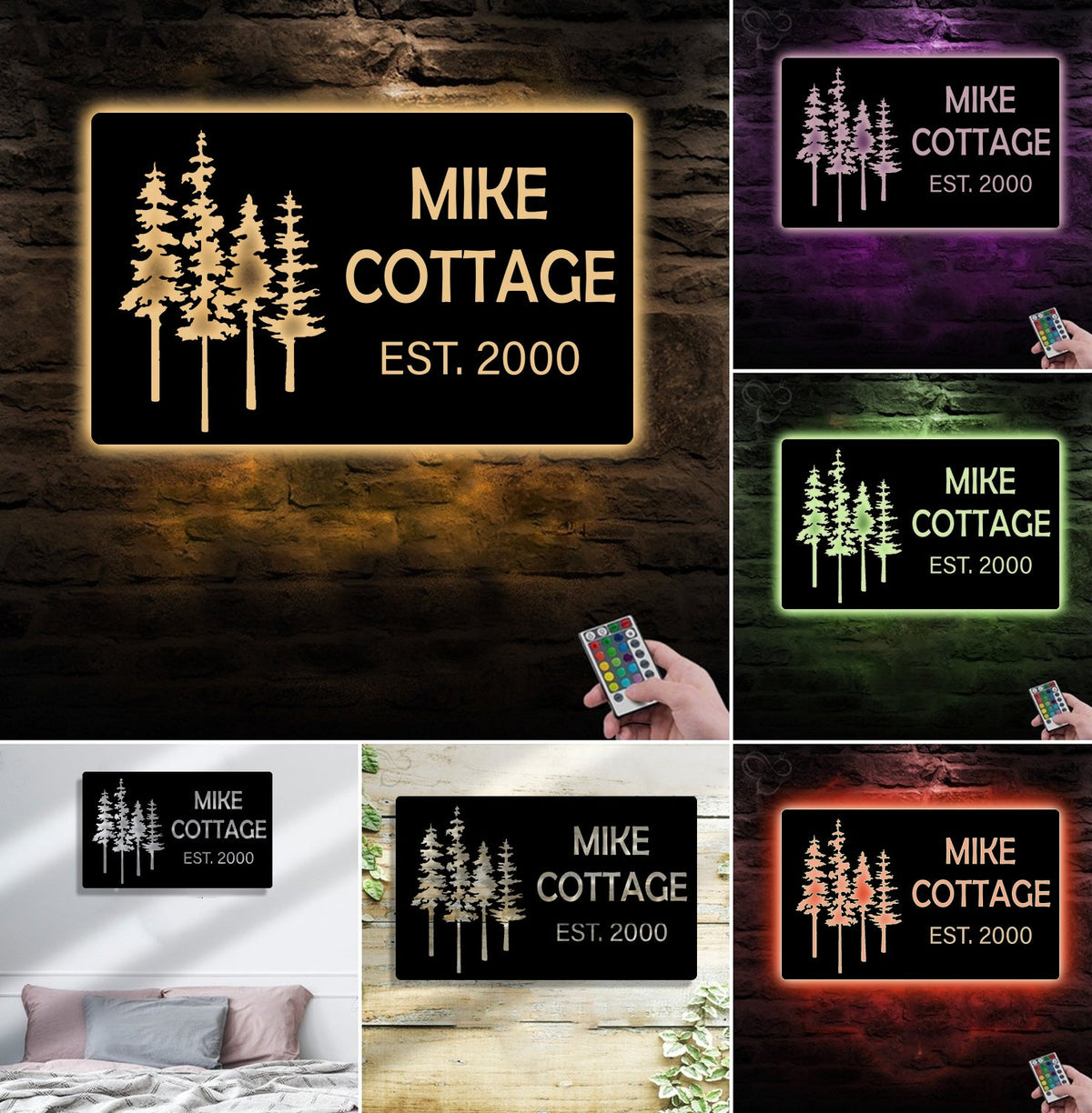 Personalized Forest Metal Sign WITH LED/WITHOUT LED - Rustic Cabin Name Sign with Pine Trees