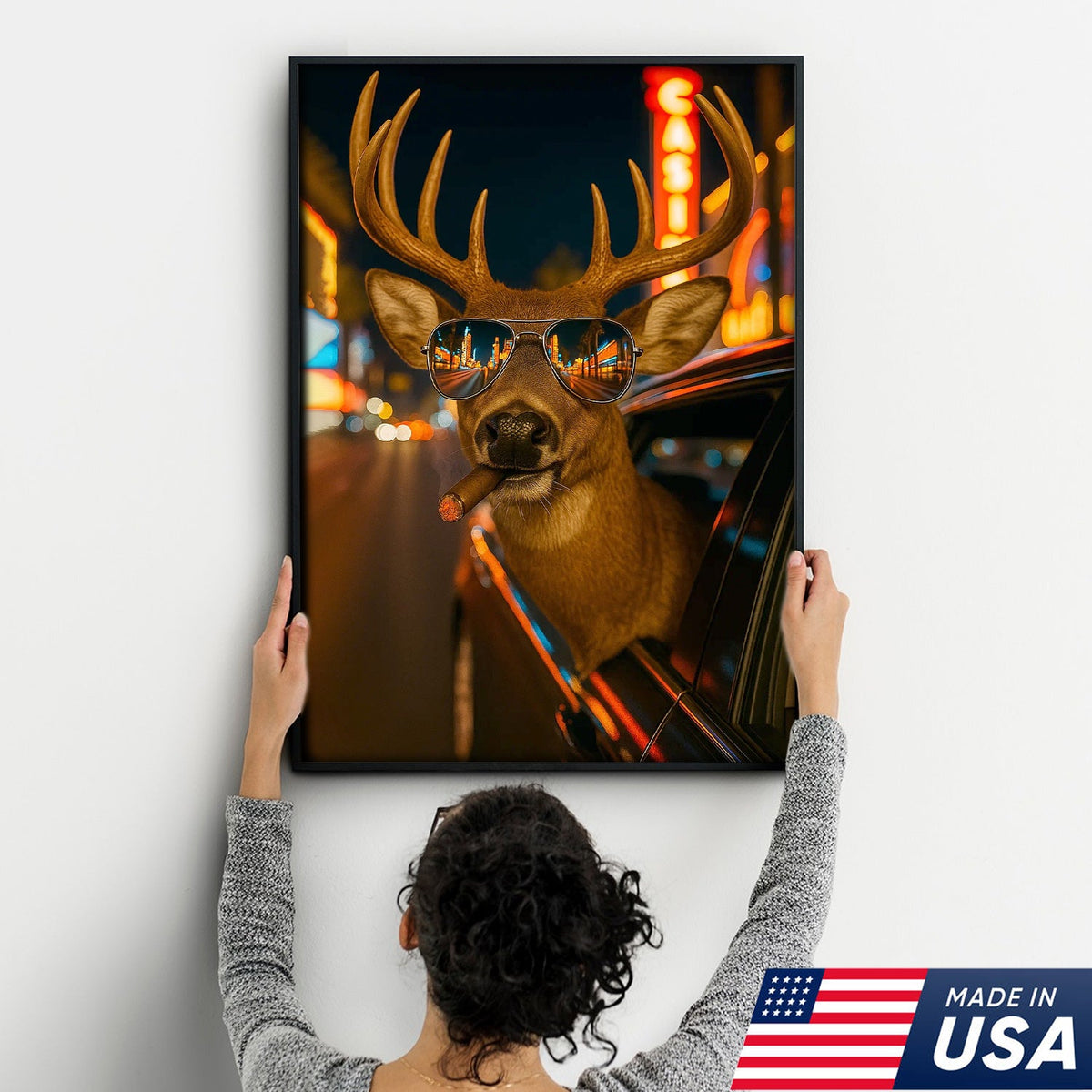 Cool Deer Canvas Wall Art - Funny Rustic Lodge Decor with Sunglasses and Night City Vibes