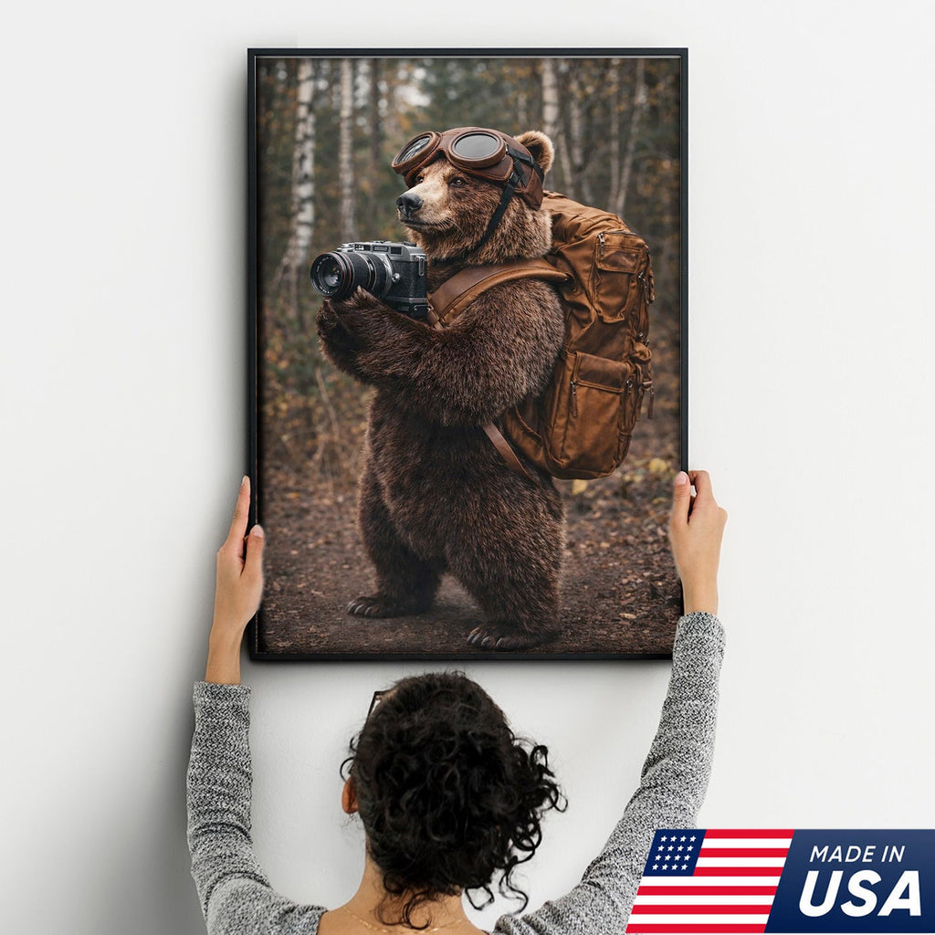 Adventure Bear Photographer Canvas Wall Art – Realistic Wildlife Explorer Print