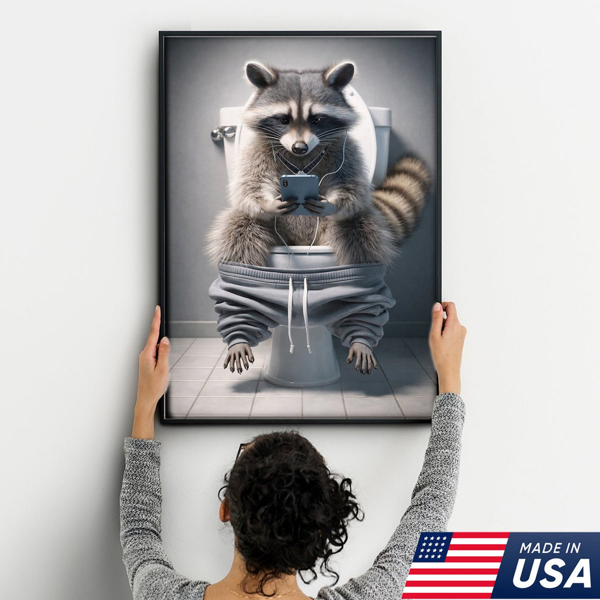 Funny Raccoon Toilet Canvas, Bathroom Humor Wall Art, Animal Decor