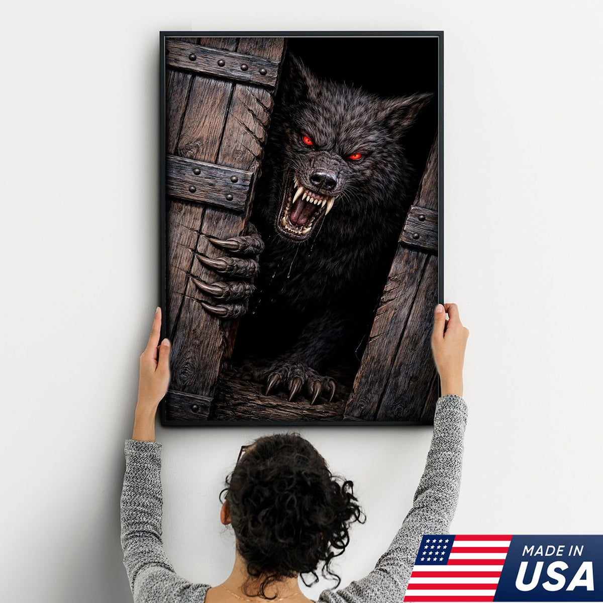 Angry Red Eyes Werewolf Canvas Wall Art, Dark Horror Wolf Monster Illustration