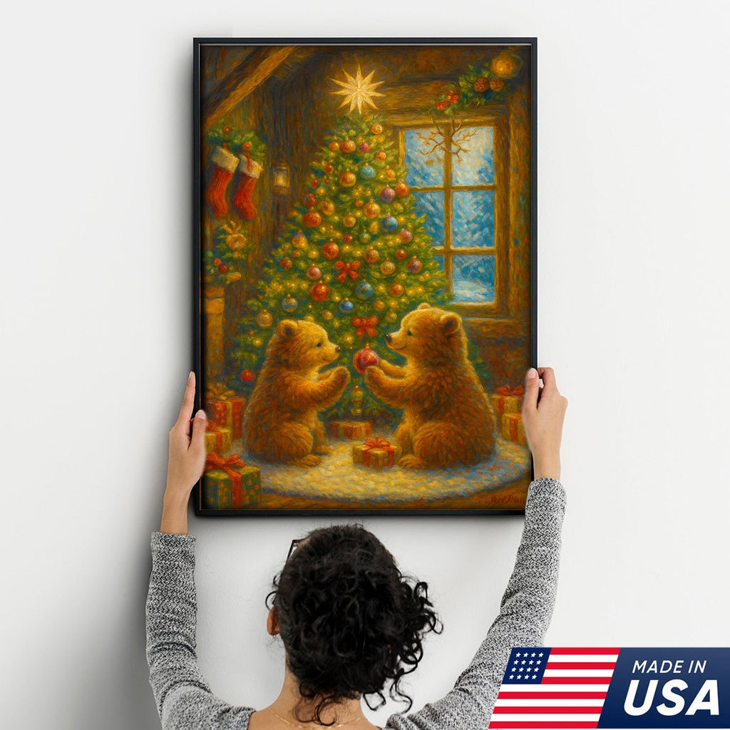 Christmas Bear Cubs Wall Art Canvas — Cozy Holiday Tree Scene, Cute Winter Animal Wall Decor