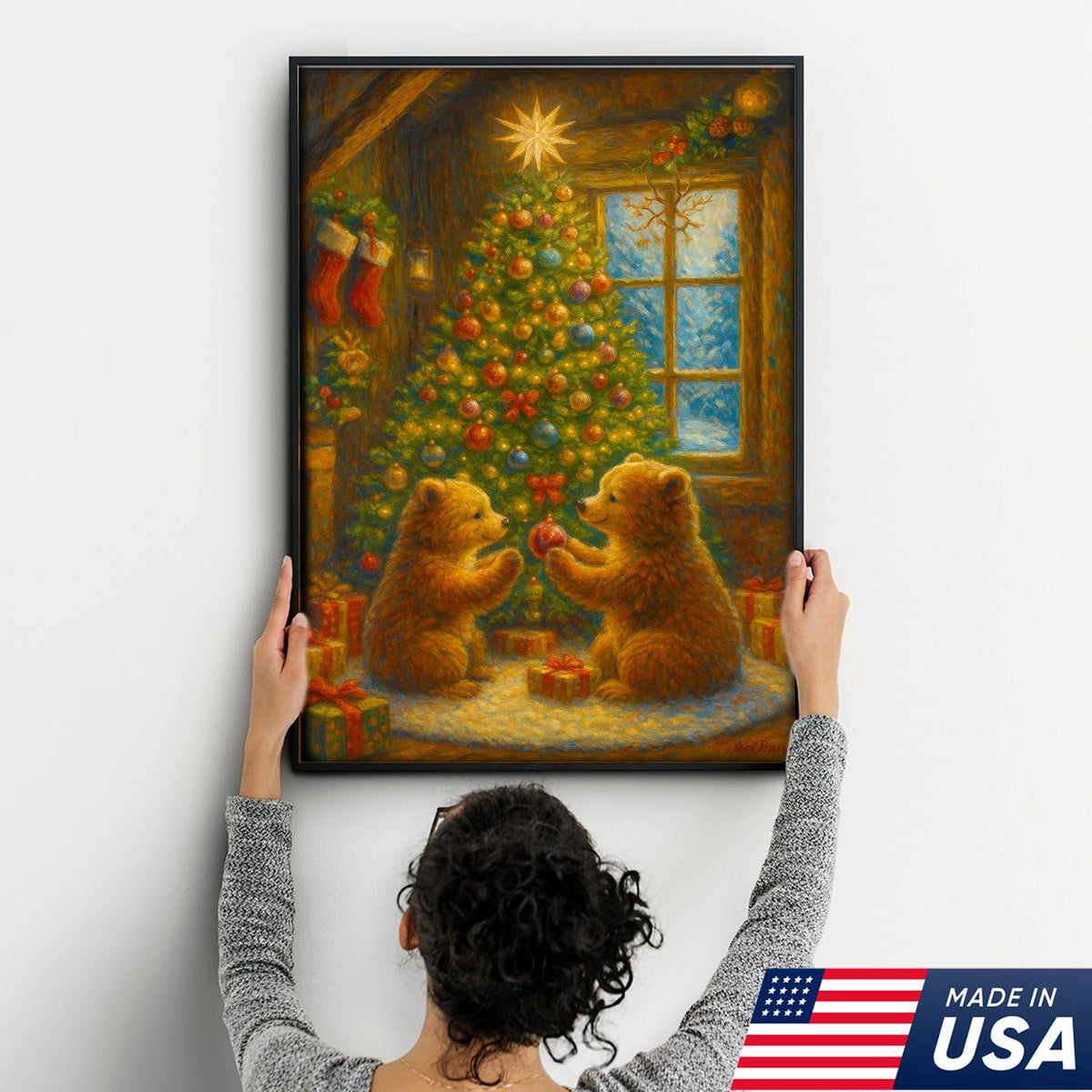 Christmas Bear Cubs Wall Art Canvas — Cozy Holiday Tree Scene, Cute Winter Animal Wall Decor