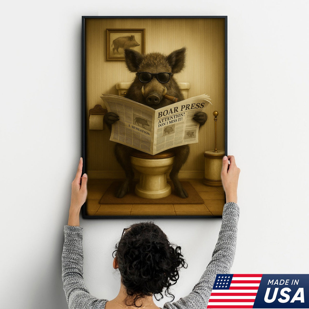 Funny Wild Boar Reading Newspaper Canvas – Funny Bathroom Wall Art