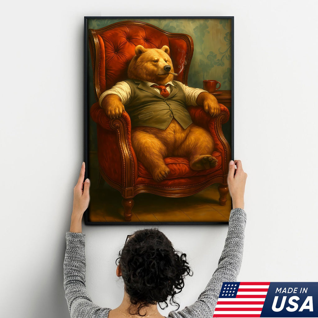Gentleman Bear Sitting in Chair Canvas Art – Funny Gift for Men Who Love Class & Chill Vibes