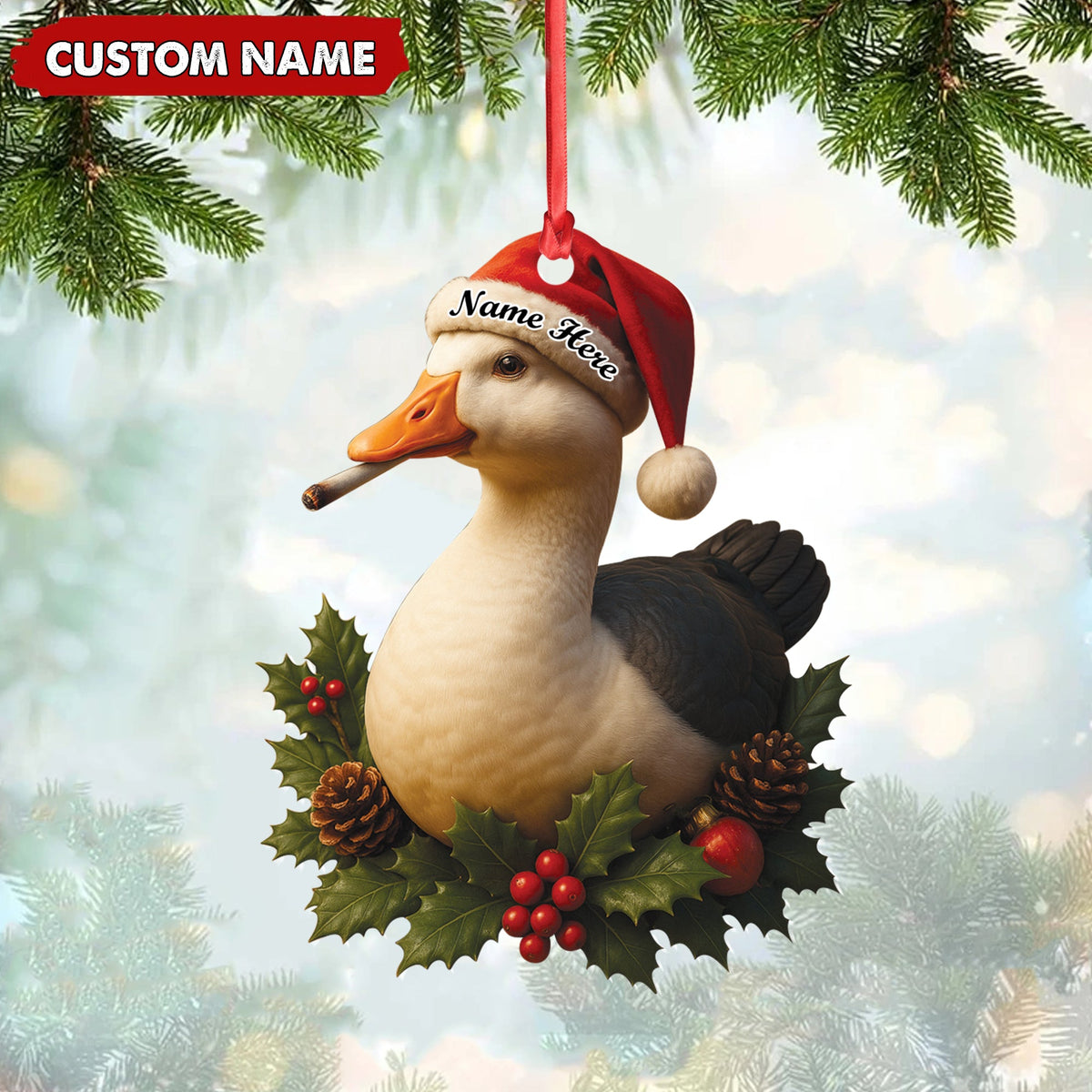 Personalized Funny Duck Smoking Acrylic Christmas Ornament – Custom Name Holiday Gift for Hunters & Outdoor Lovers