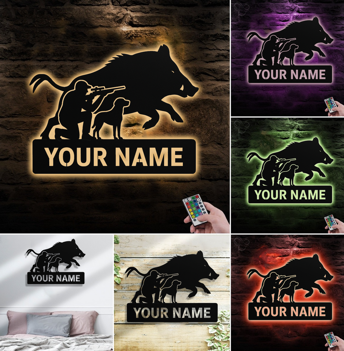 Personalized Wild Boar Hunting Metal Sign WITH LED/WITHOUT LED, Hunter and Dog Wall Art