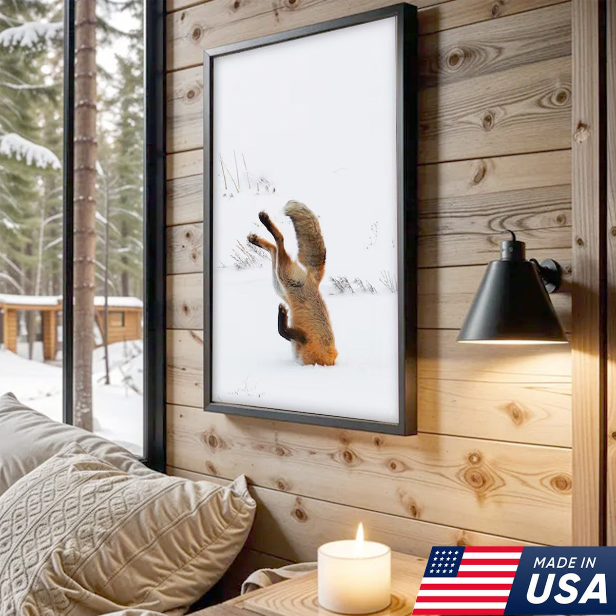 Funny Fox Snow Dive Triptych Canvas Wall Art Set, Playful Wildlife Winter Photography Prints