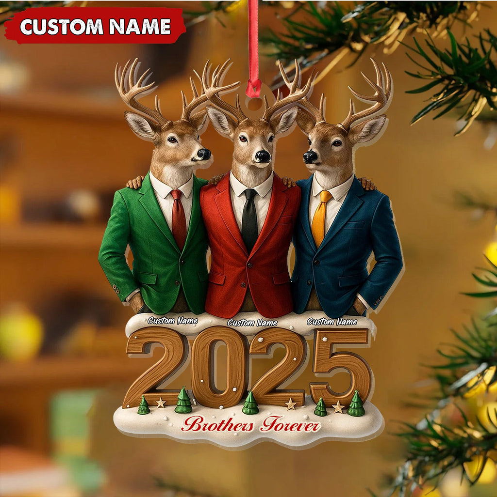 Personalized Brothers Forever 2025 Christmas Ornament, Custom Name Deer Trio in Suits, Funny Family Brother Gift Decor