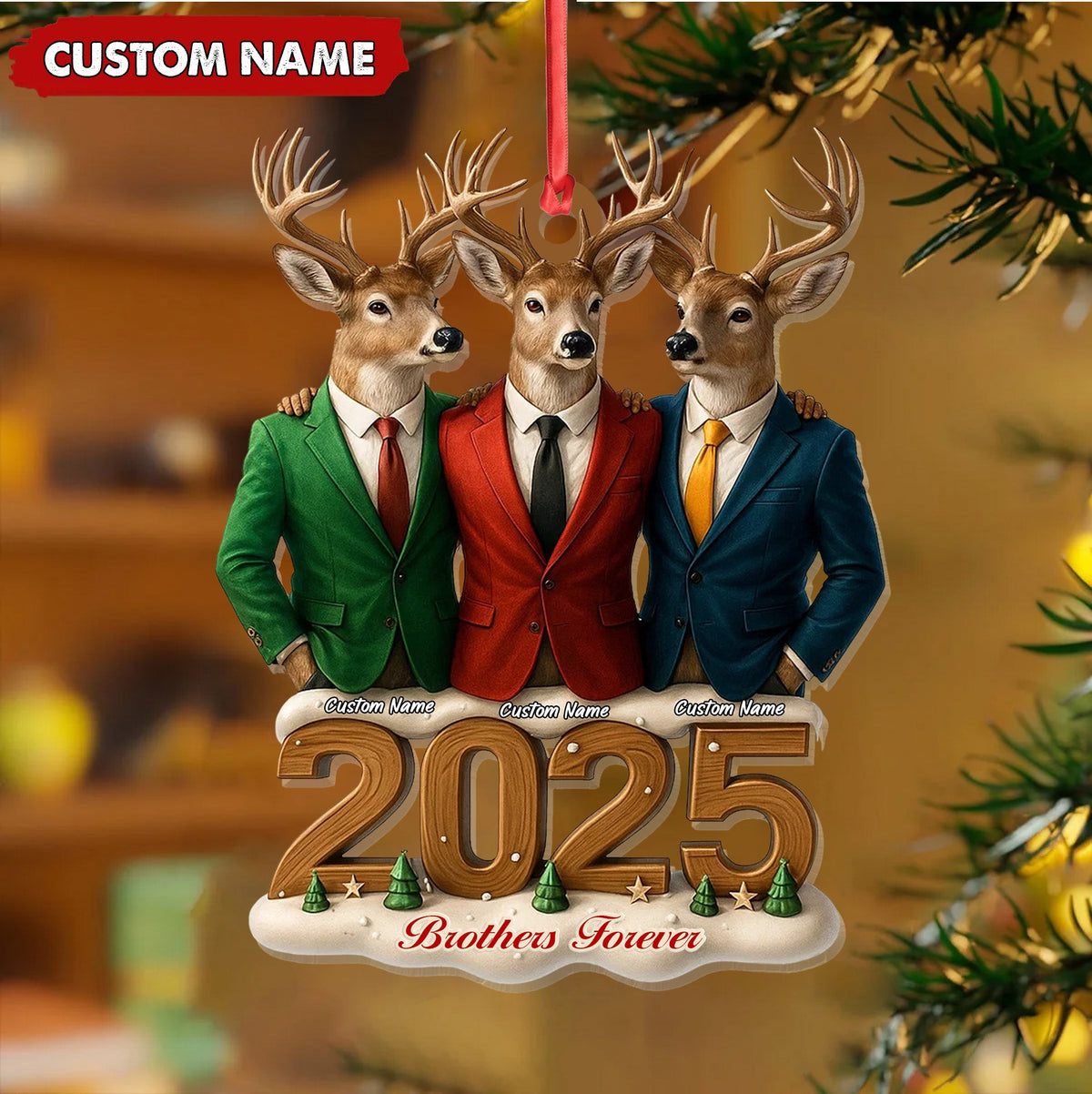 Personalized Brothers Forever 2025 Christmas Ornament, Custom Name Deer Trio in Suits, Funny Family Brother Gift Decor