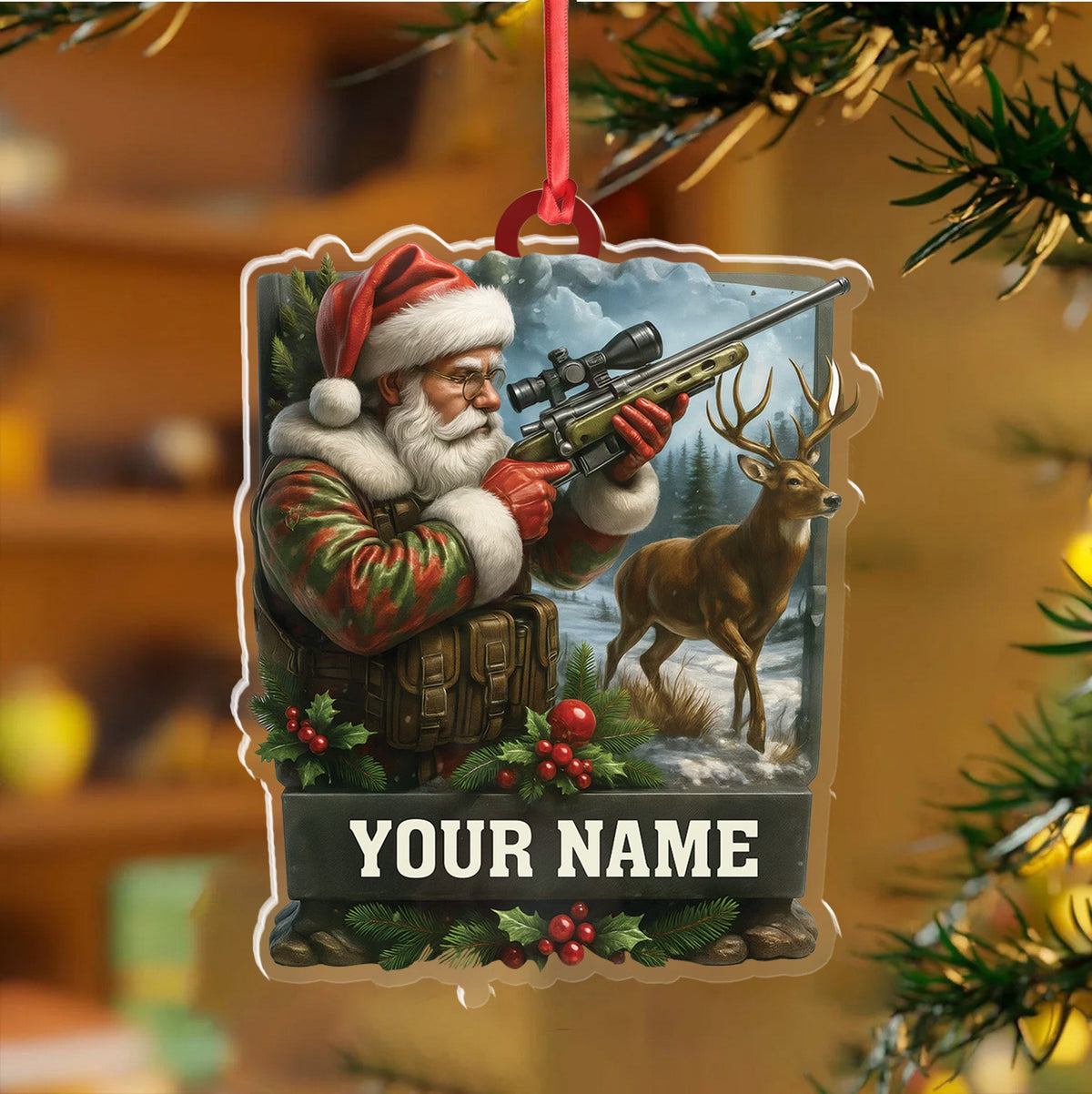 Custom Name Santa Hunter Ornament, Deer Hunting Christmas Tree Decor, Personalized Camo Gift