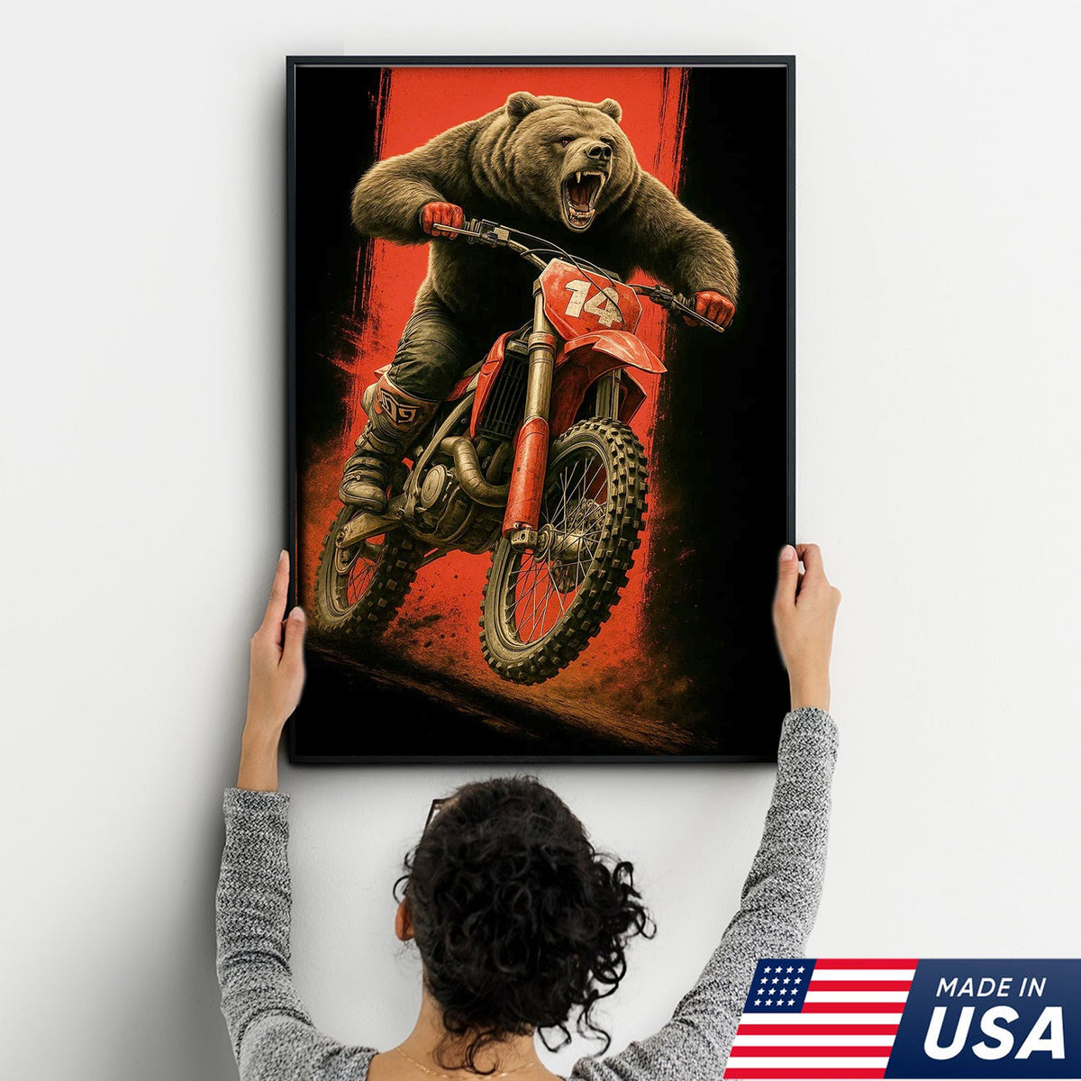 Motocross Bear Wall Art Canvas, Fierce Dirt Bike Racing Bear Print