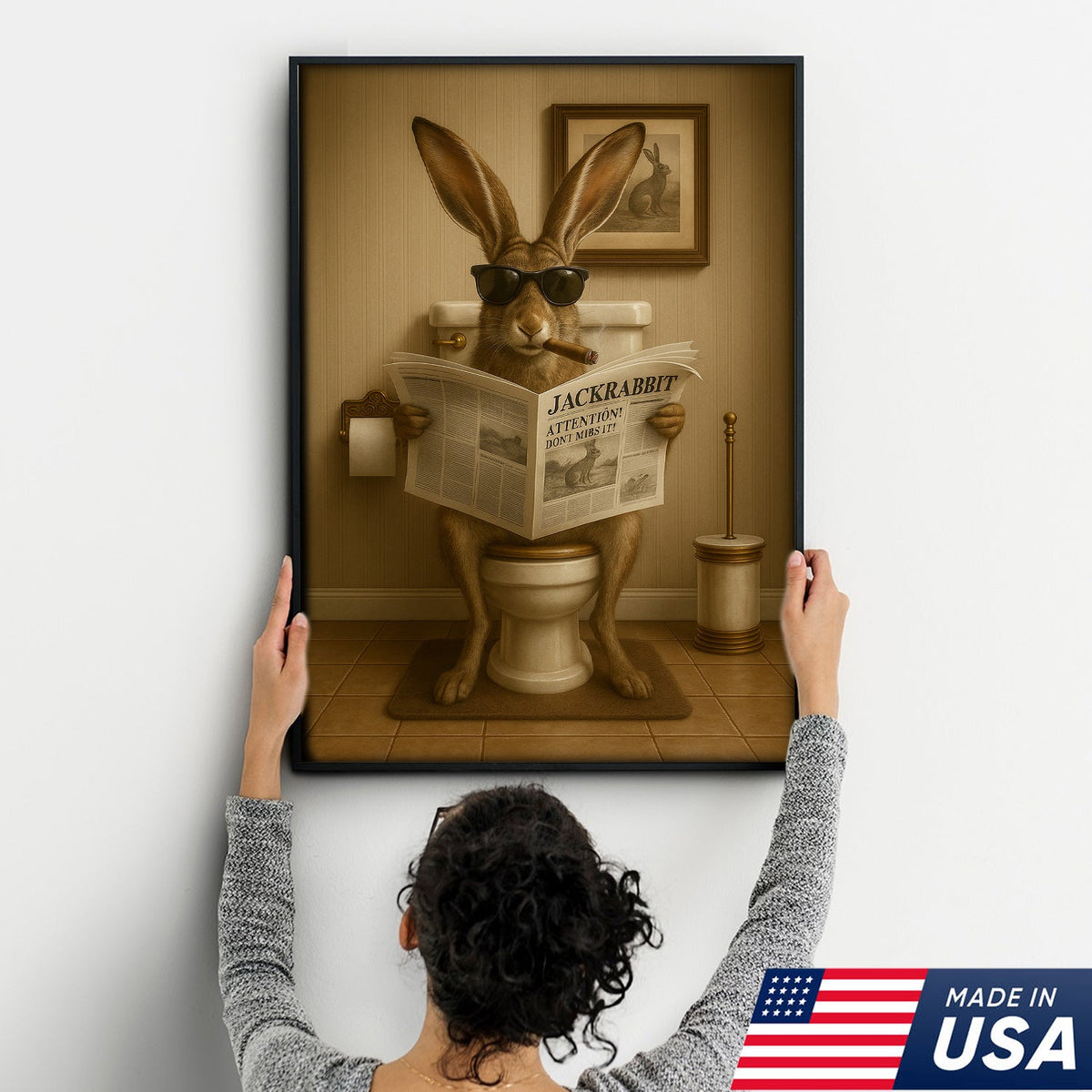 Funny Jackrabbit Bathroom Canvas Wall Art – Rustic Wildlife Lodge Decor Gift for Hunters & Cabin