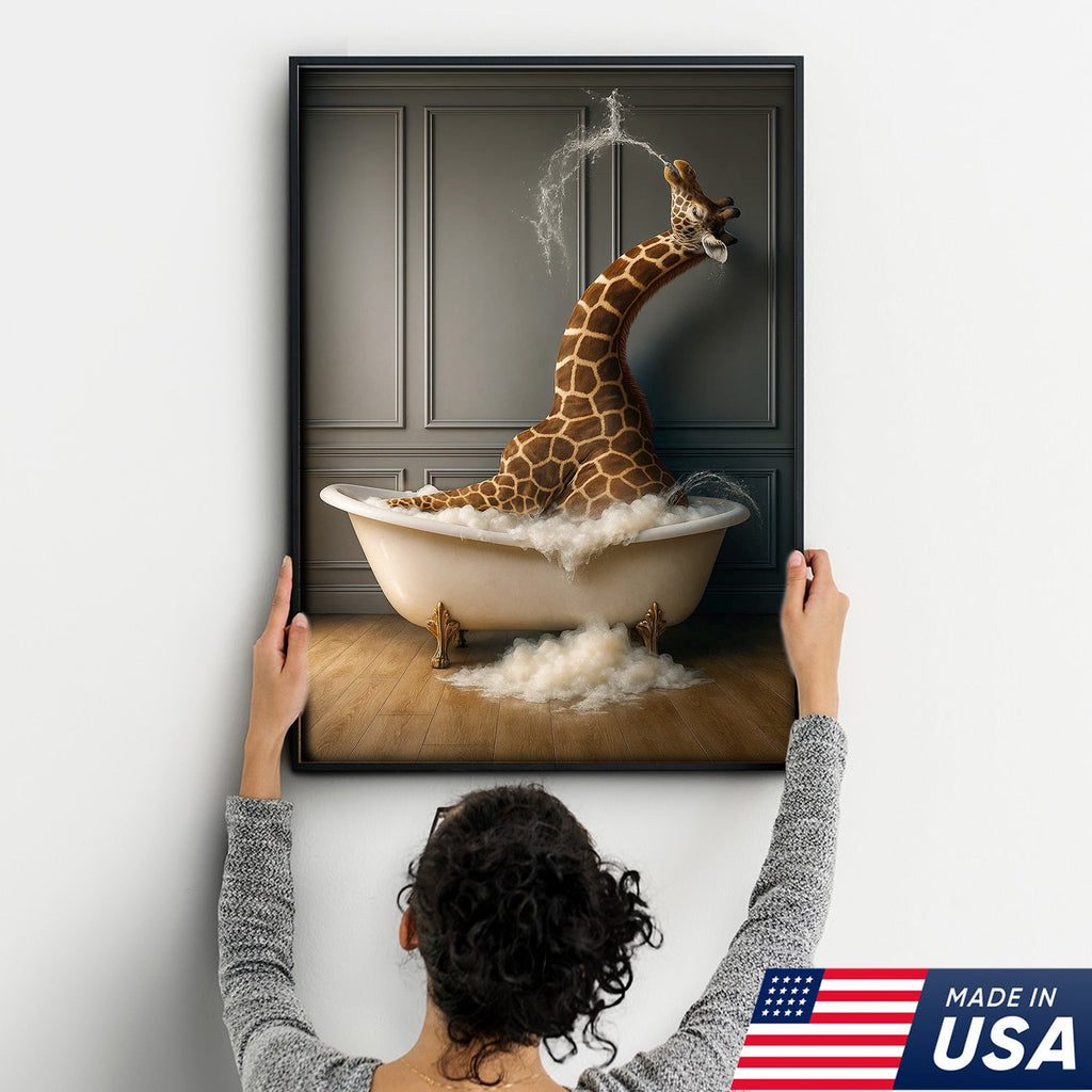 Funny Giraffe Bubble Bath Wall Art Canvas, Animals in Bathtub Kids Bathroom Decor