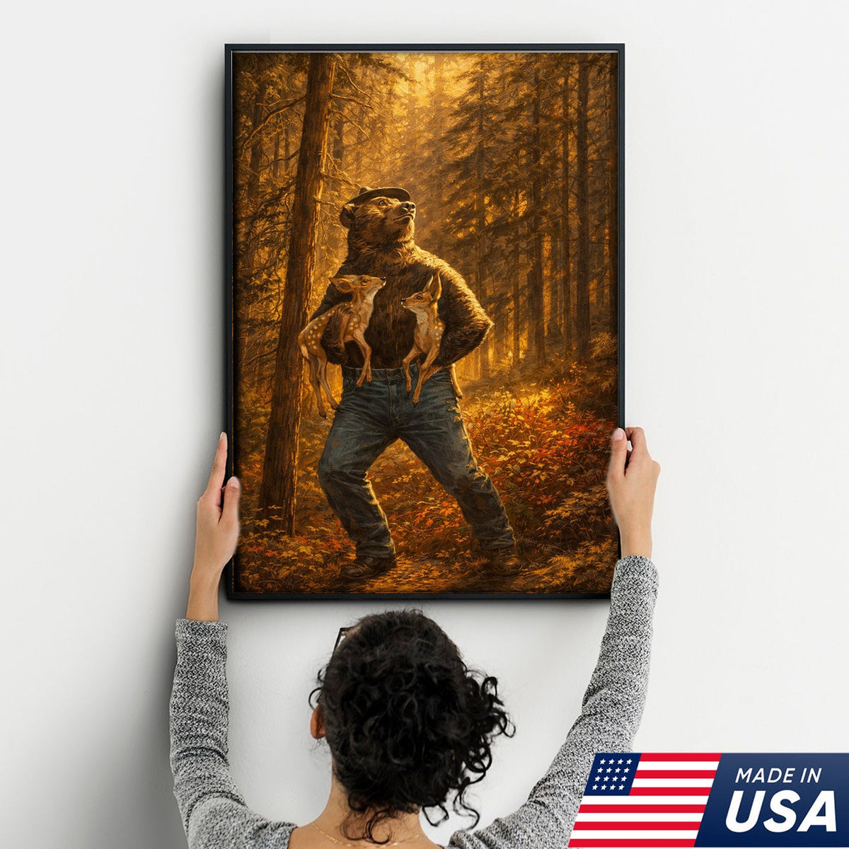 Protector of the Wild Canvas Wall Art – Bear Holding Fawns Forest Scene Print