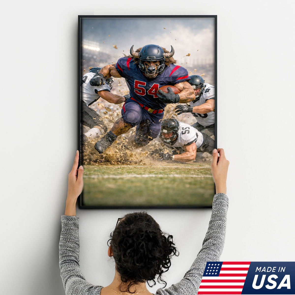 Bull Football Player Canvas Wall Art – Powerful Stadium Action Sports Print