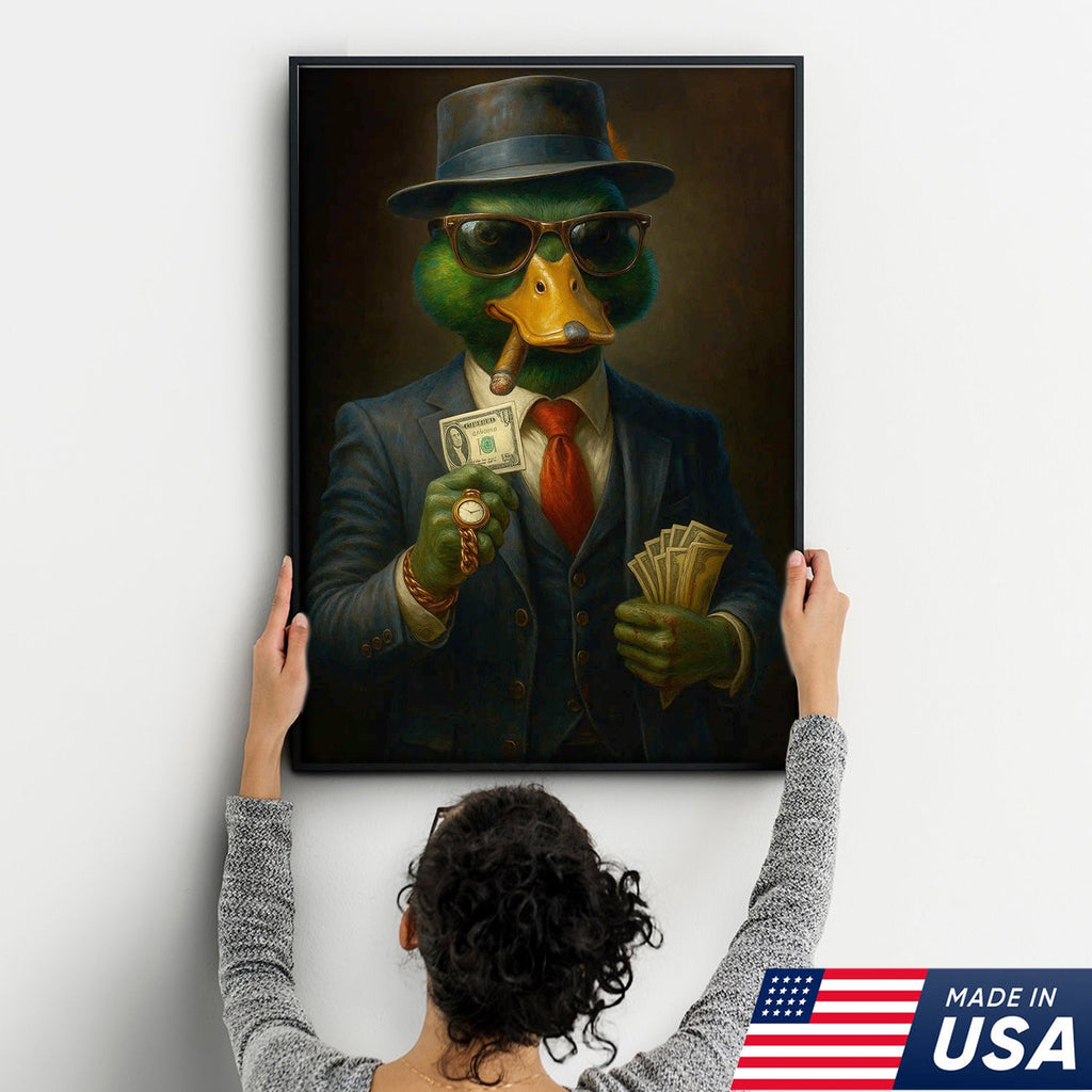 Gangster Duck Money Canvas Wall Art, Rich Boss Duck in Suit Holding Cash
