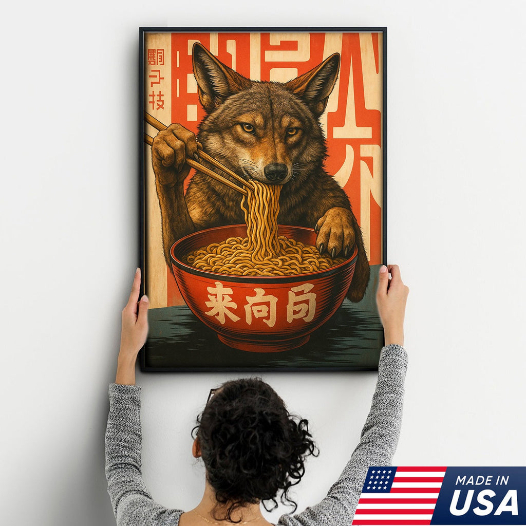 Funny Wolf Coyote Eating Ramen Canvas Wall Art, Quirky Animal Kitchen Decor