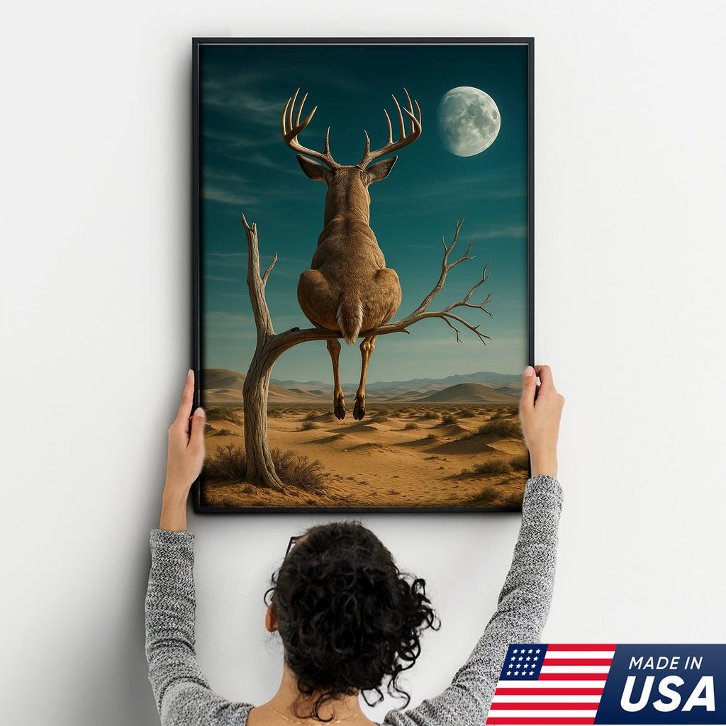 Funny Deer Moon Canvas, Whitetail Buck Sitting on Tree Wall Art, Humorous Hunter Gift