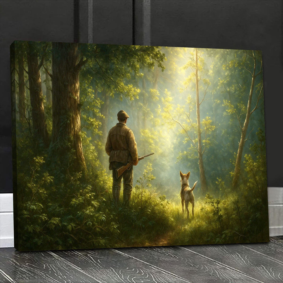 Hunting Canvas Wall Art – Hunter and Dog in Sunlit Forest – Rustic Cabin Decor