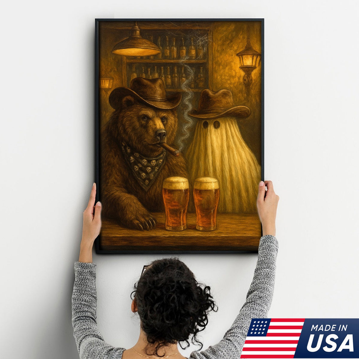 Halloween Bar Bear Canvas – Funny Rustic Cowboy Ghost Wall Art for Cabin, Hunters