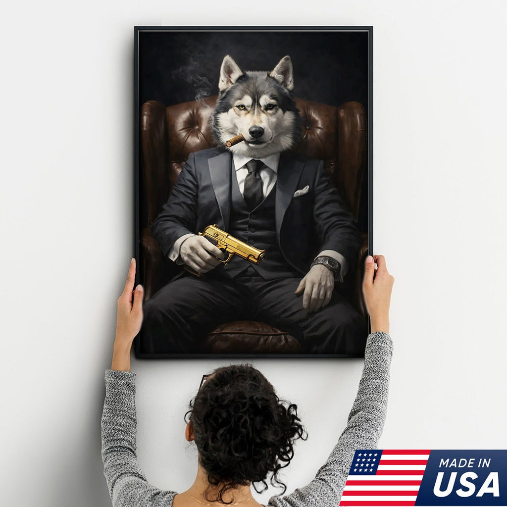 Boss Wolf Canvas Wall Art, Powerful Alpha Wolf in Suit Portrait, Luxury Animal Artwork