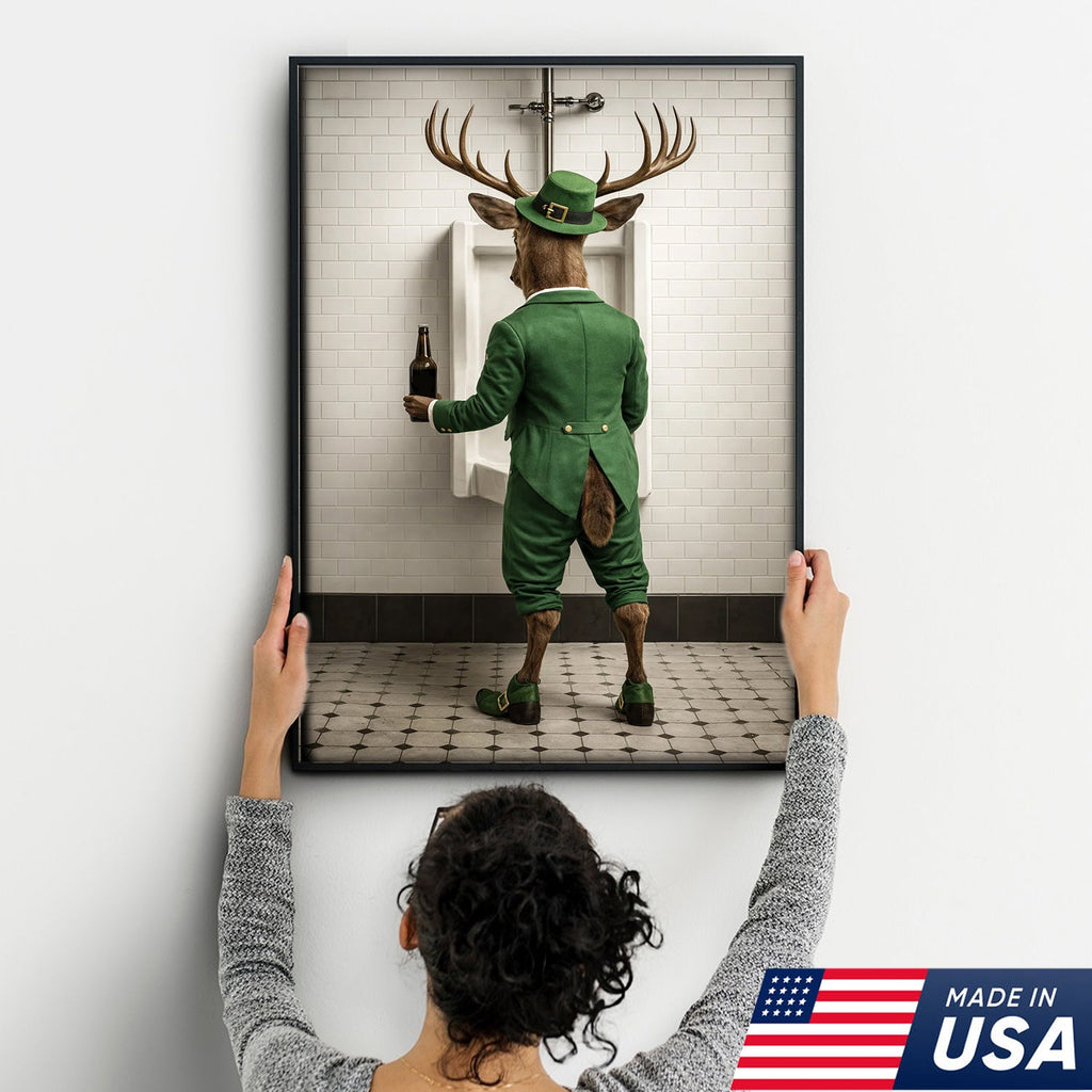 Funny Deer Canvas Wall Art, Leprechaun Buck Bathroom Humor Print