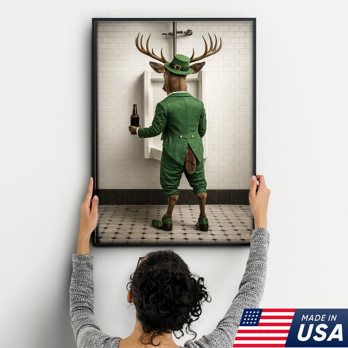Funny Deer Canvas Wall Art, Leprechaun Buck Bathroom Humor Print