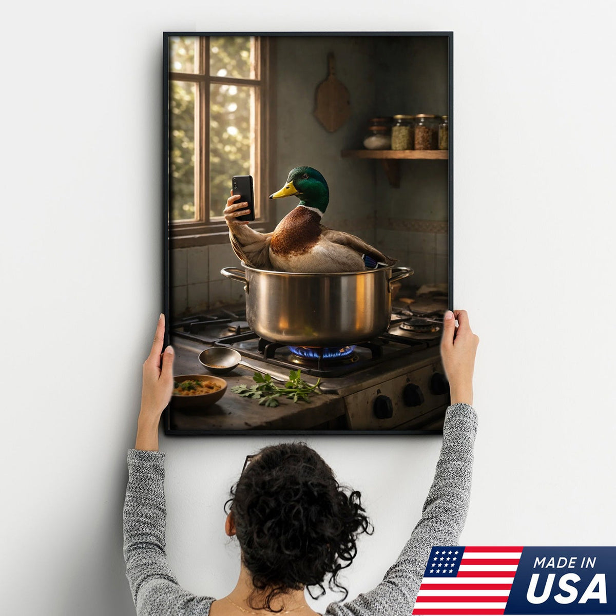 Funny Duck Cooking Selfie Canvas Wall Art, Whimsical Kitchen Animal Illustration