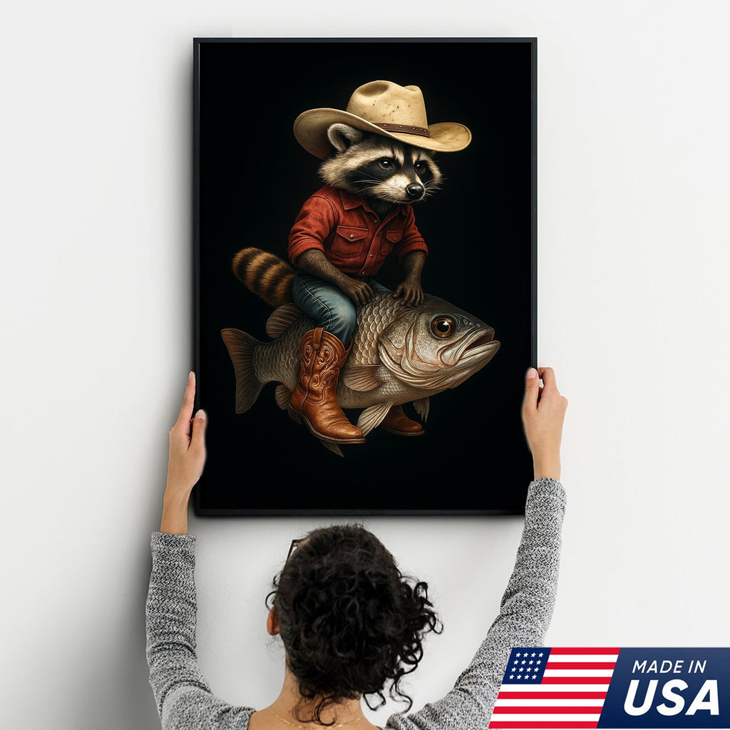 Cowboy Raccoon Riding Fish Canvas – Surreal Western Wall Art for Man Cave Decor