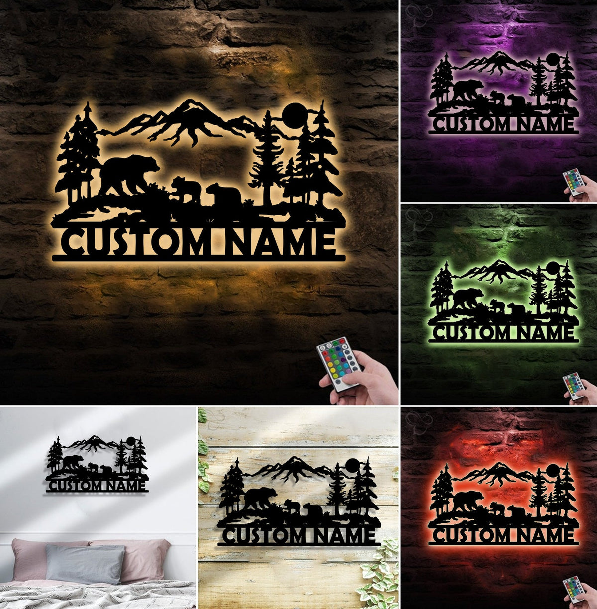 Personalized Bear Family Metal Sign WITH LED/WITHOUT LED - Mountain Cabin Name Sign