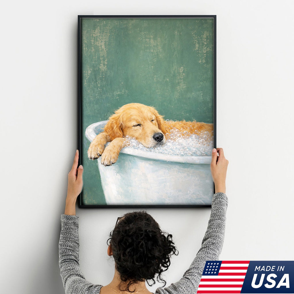Golden Retriever Bath Canvas Wall Art, Cute Dog Bathroom Decor