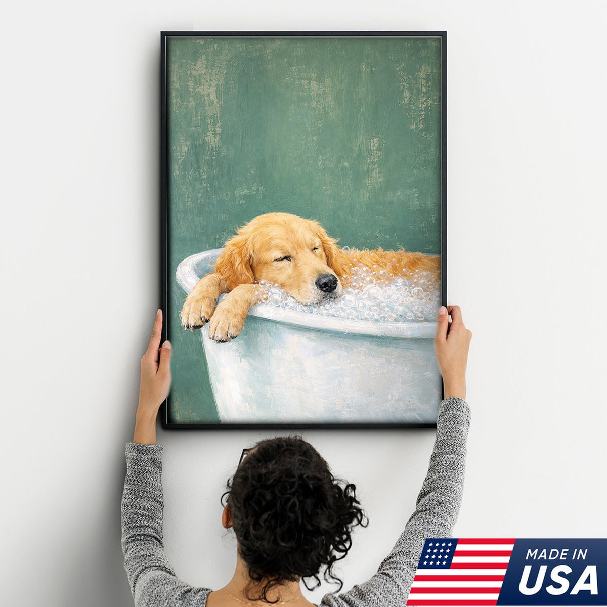Golden Retriever Bath Canvas Wall Art, Cute Dog Bathroom Decor