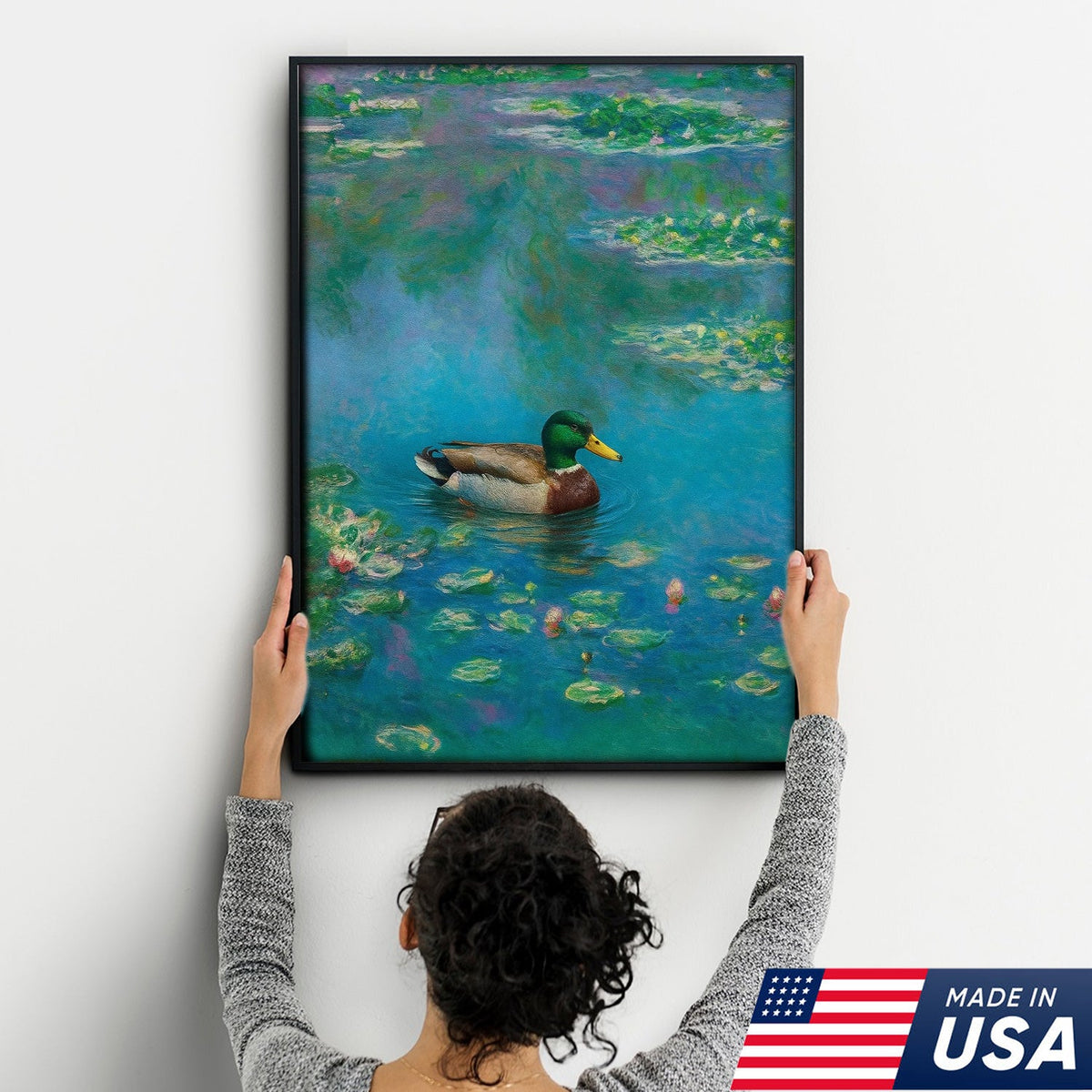 Serene Duck Pond Canvas Wall Art – Tranquil Mallard Painting – Rustic Cabin and Lodge Decor