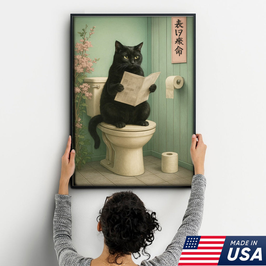 Funny Cat Bathroom Canvas Wall Art, Black Cat on Toilet Reading Newspaper