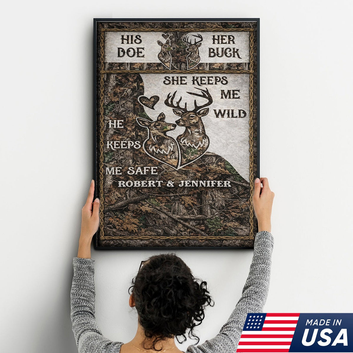 Personalized His Doe Her Buck Canvas Wall Art, Rustic Deer Couple Love Quote Artwork